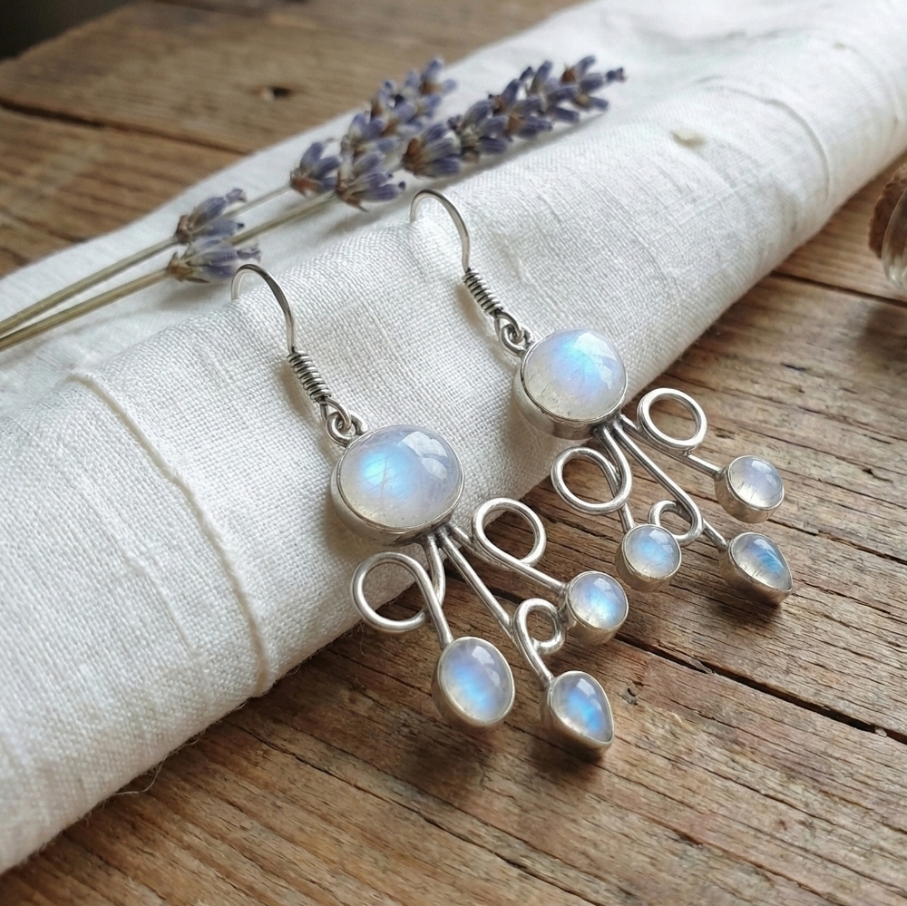 925 Sterling Silver Moonstone Dangle Earrings Artisan Boho Swirl Drop Gift 2.2" - Picture 6 of 14